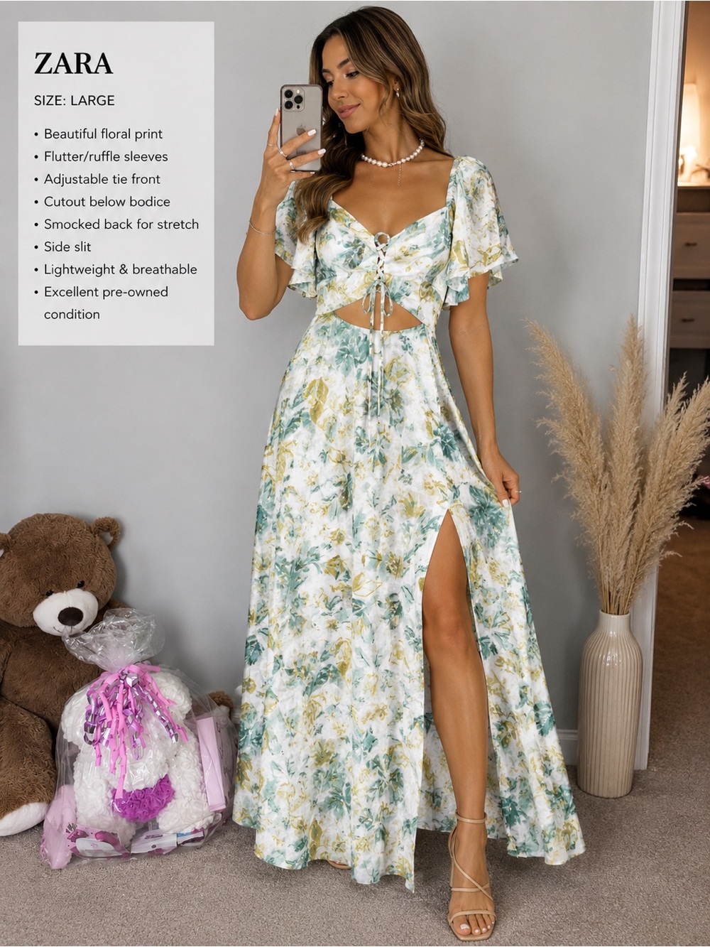 Zara Floral Cutout Maxi Dress | Size Large | Linen Blend | Side Slit